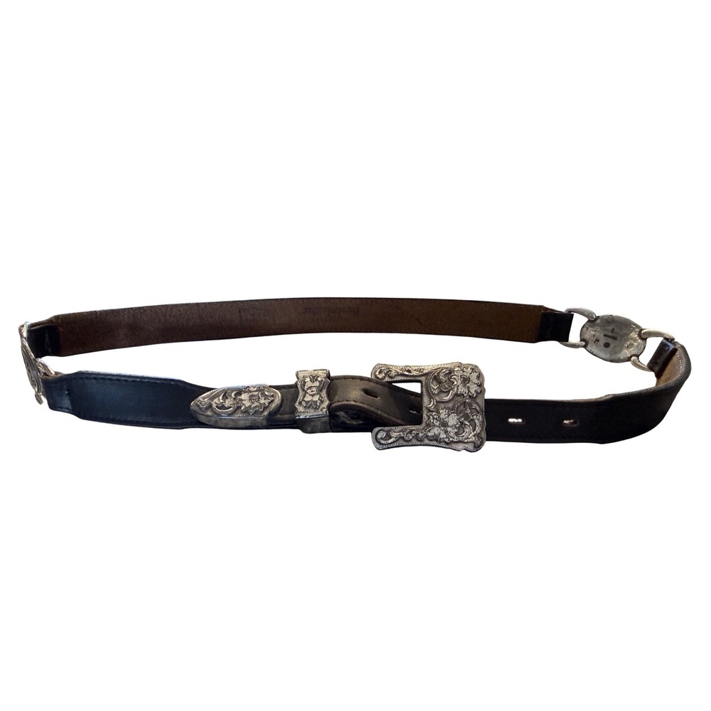 Vintage 1995‎ Western Leather Harness Floral Engraved Silver Buckle Concho Belt